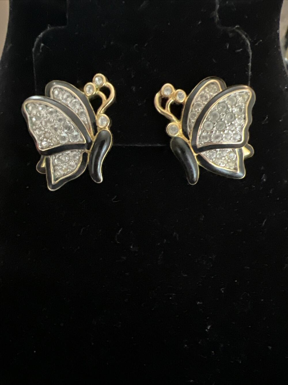 Nolan Miller Butterfly Crystal Black Enamel Earrings Clip On Whimsical Signed